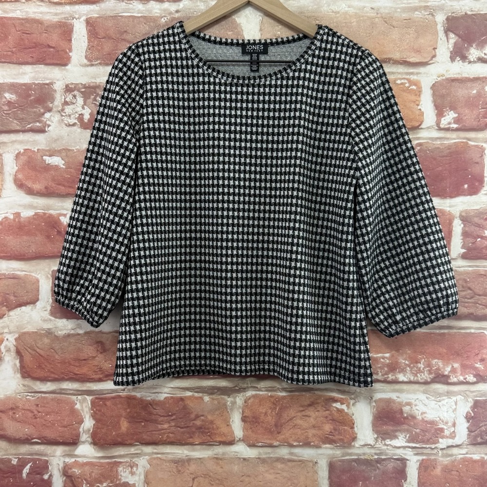 Jones New York Top Women's MP Black White Metallic Houndstooth Plaid Knit Shirt